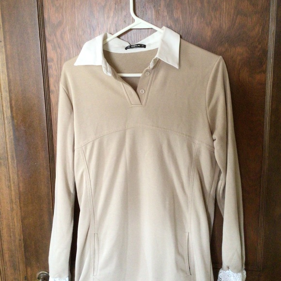 Women's Patchwork Floral Lace Sweatshirt Dress in Khaki sz small - Picture 6 of 9